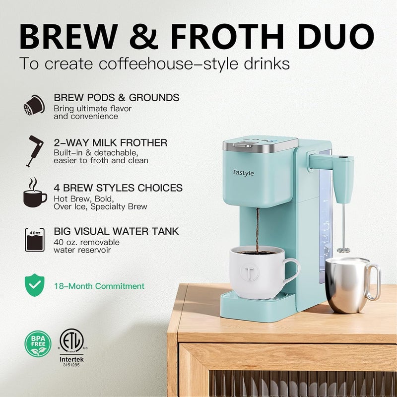 Tastyle Single Serve Coffee Maker with Built-in Detachable Milk Frother, Iced and Hot Coffee Machine for K Cup & Grounds, 40oz Removable Water Reservoir, 6 Cup Sizes, Fits 7.3" Travel Mug, Teal - Image 2